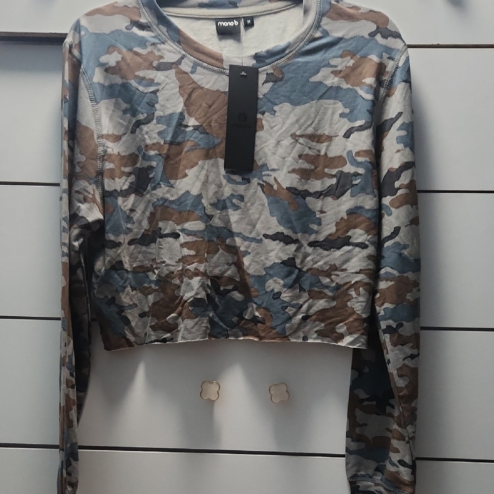 Mono B Blue, Gray and Brown Camouflage Long Sleeve Top